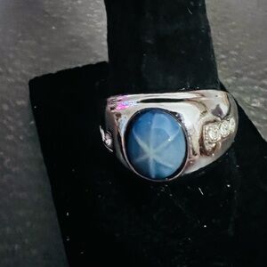Silver Men's Blue Star Sapphire-Style Signet Ring